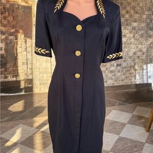 Vintage Ann Tobias Black Gold Embroidered Dress Size 8 Made in USA